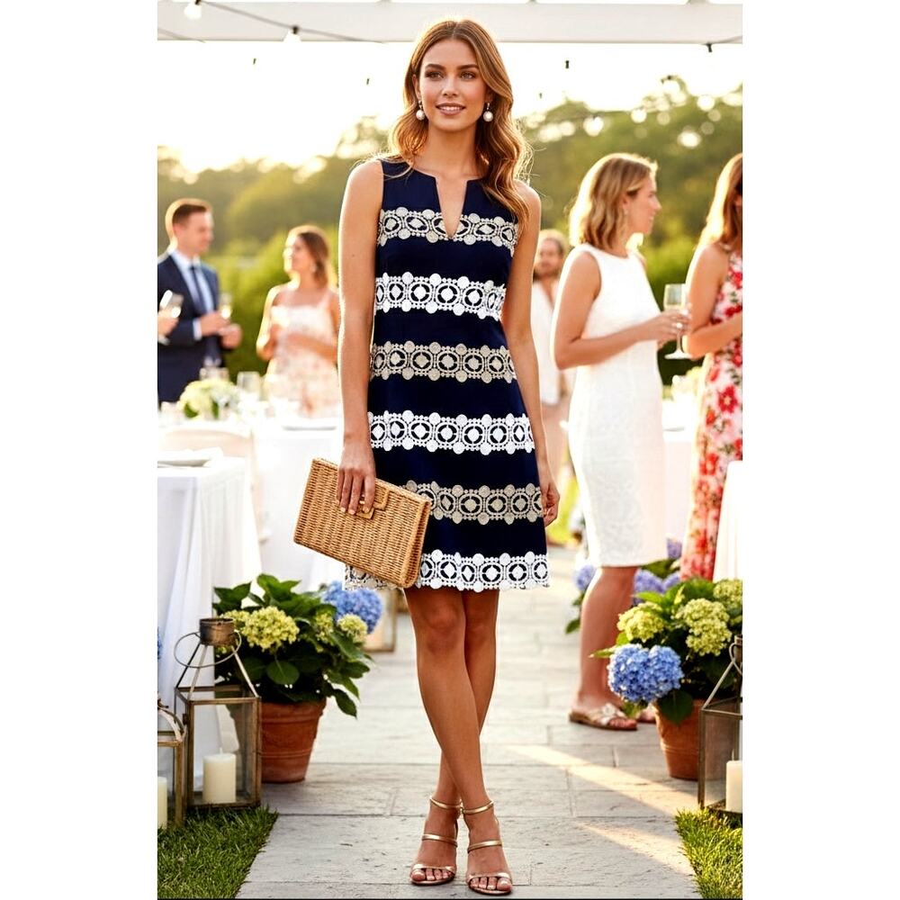 Lilly Pulitzer Augusta Shift Dress | Navy Blue White Gold Lace | Women's 0 XS